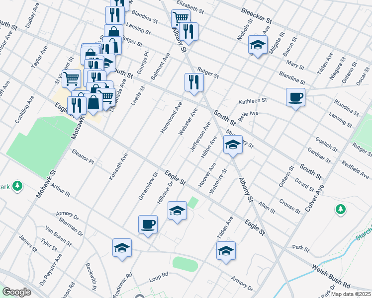 map of restaurants, bars, coffee shops, grocery stores, and more near 1144 Jefferson Avenue in Utica