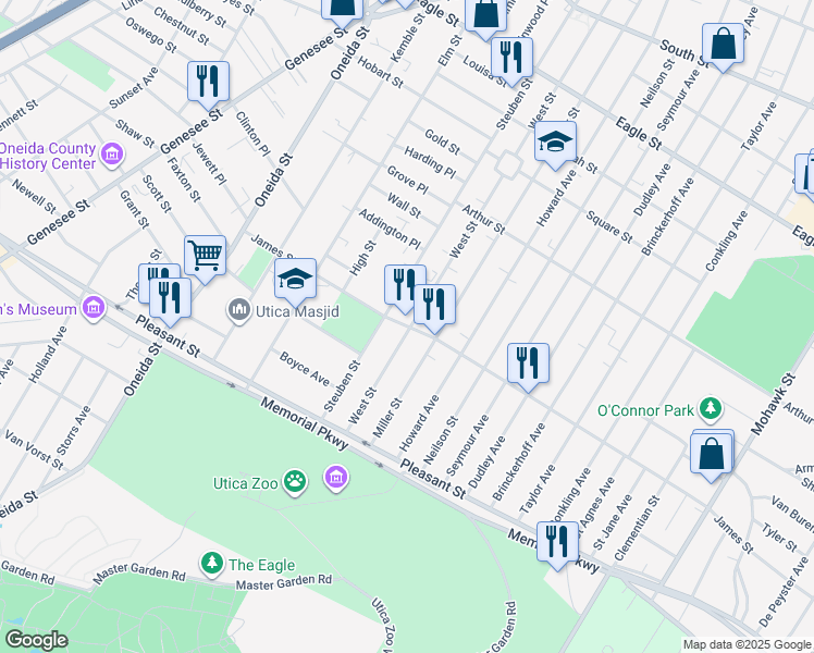 map of restaurants, bars, coffee shops, grocery stores, and more near 801 Union Street in Utica