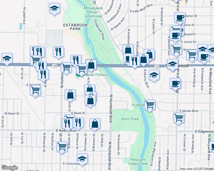 map of restaurants, bars, coffee shops, grocery stores, and more near 3859 North Humboldt Boulevard in Milwaukee