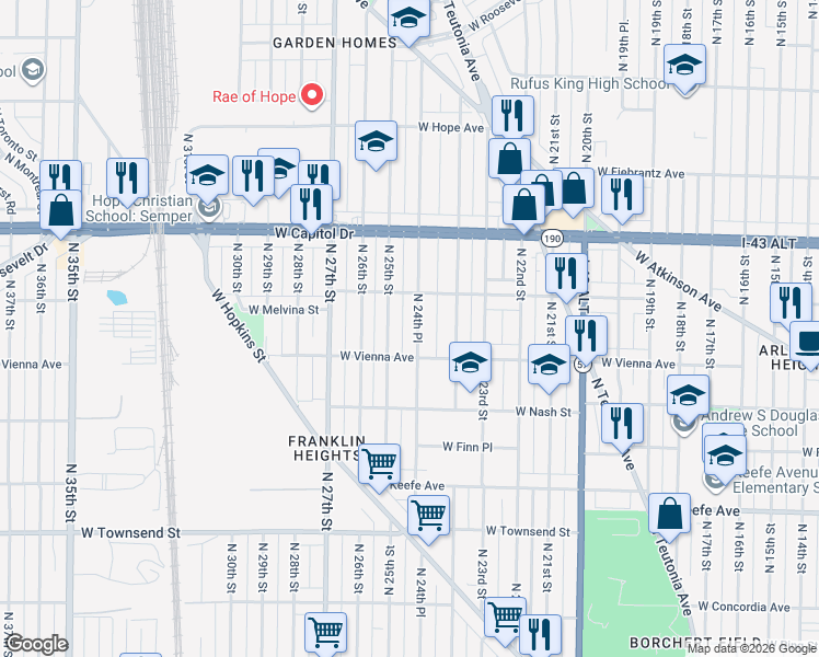 map of restaurants, bars, coffee shops, grocery stores, and more near 3866 North 24th Place in Milwaukee