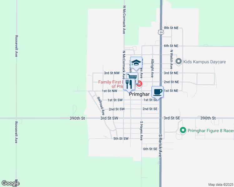 map of restaurants, bars, coffee shops, grocery stores, and more near North Inman Avenue in Primghar