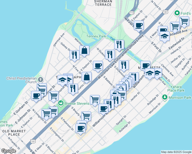 map of restaurants, bars, coffee shops, grocery stores, and more near 1240 East Washington Avenue in Madison