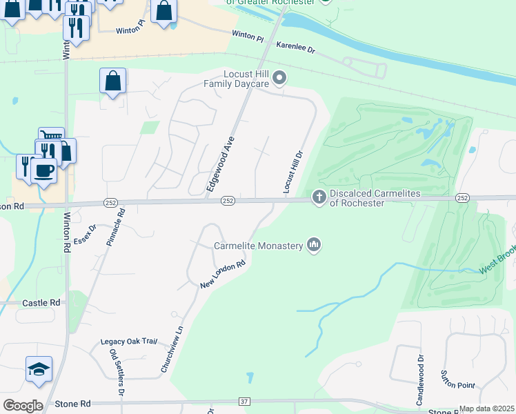 map of restaurants, bars, coffee shops, grocery stores, and more near 4 New Tudor Road in Pittsford