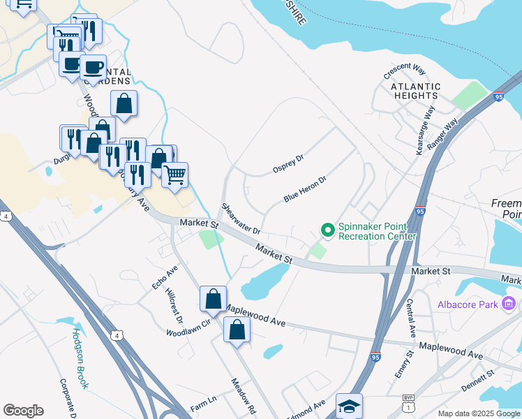map of restaurants, bars, coffee shops, grocery stores, and more near 10 Sanderling Way in Portsmouth