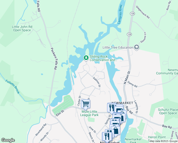 map of restaurants, bars, coffee shops, grocery stores, and more near 16 Piscassic Street in Newmarket