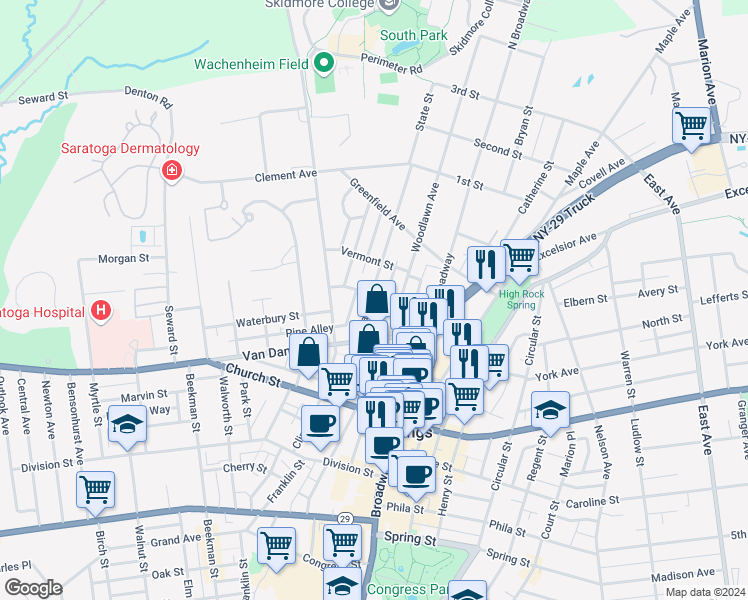 map of restaurants, bars, coffee shops, grocery stores, and more near 49 State Street in Saratoga Springs