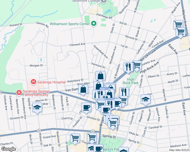 map of restaurants, bars, coffee shops, grocery stores, and more near 49 State Street in Saratoga Springs