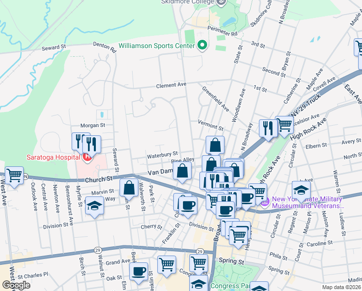 map of restaurants, bars, coffee shops, grocery stores, and more near 115 Lawrence Street in Saratoga Springs