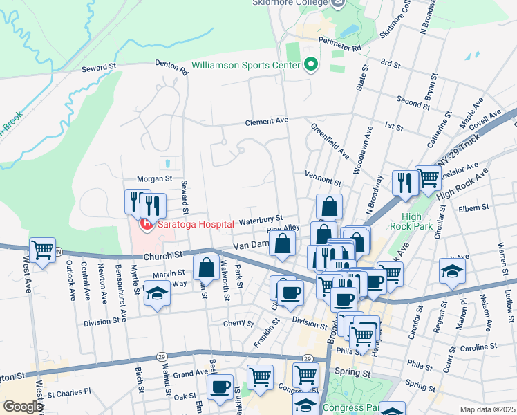 map of restaurants, bars, coffee shops, grocery stores, and more near 115 Lawrence Street in Saratoga Springs