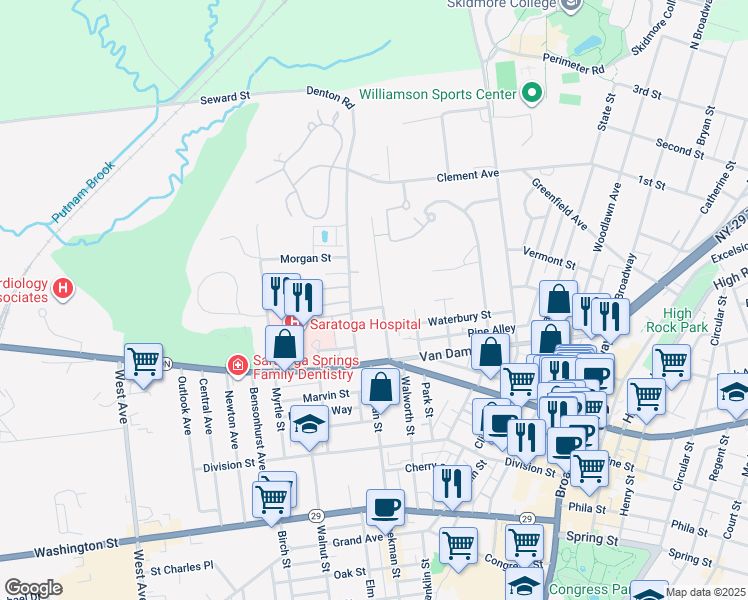 map of restaurants, bars, coffee shops, grocery stores, and more near 35 Van Dorn Street in Saratoga Springs