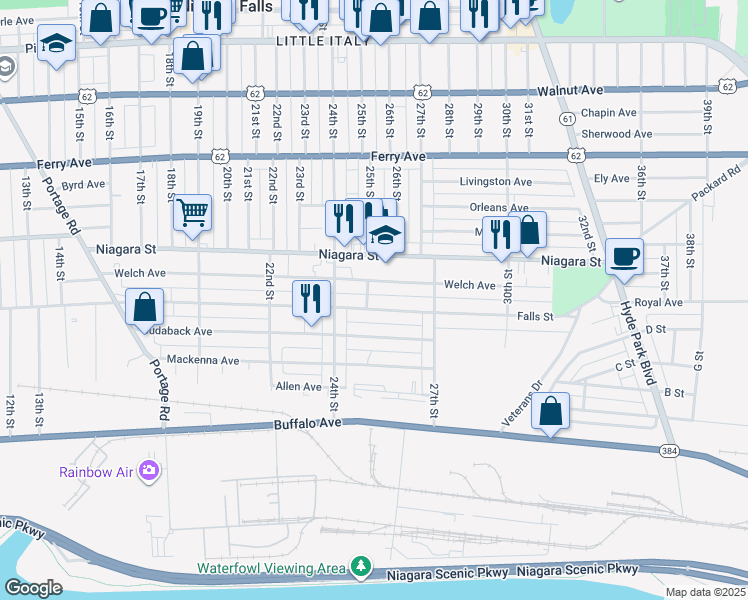 map of restaurants, bars, coffee shops, grocery stores, and more near 2429 Welch Avenue in Niagara Falls
