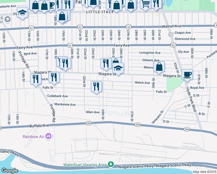 map of restaurants, bars, coffee shops, grocery stores, and more near 2429 Welch Avenue in Niagara Falls