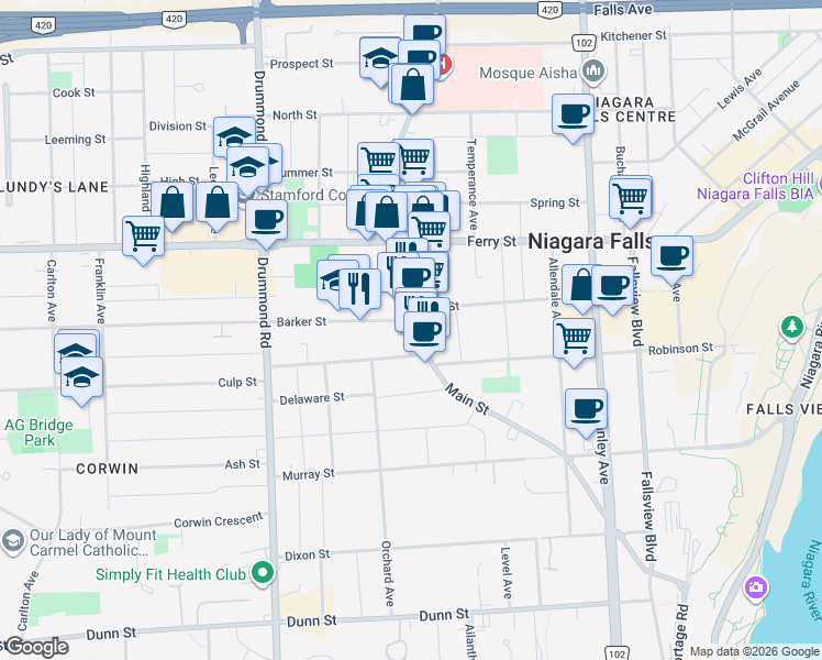 map of restaurants, bars, coffee shops, grocery stores, and more near 6026 Main Street in Niagara Falls