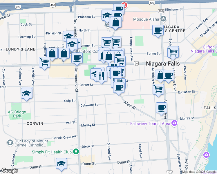 map of restaurants, bars, coffee shops, grocery stores, and more near 5993 Barker Street in Niagara Falls