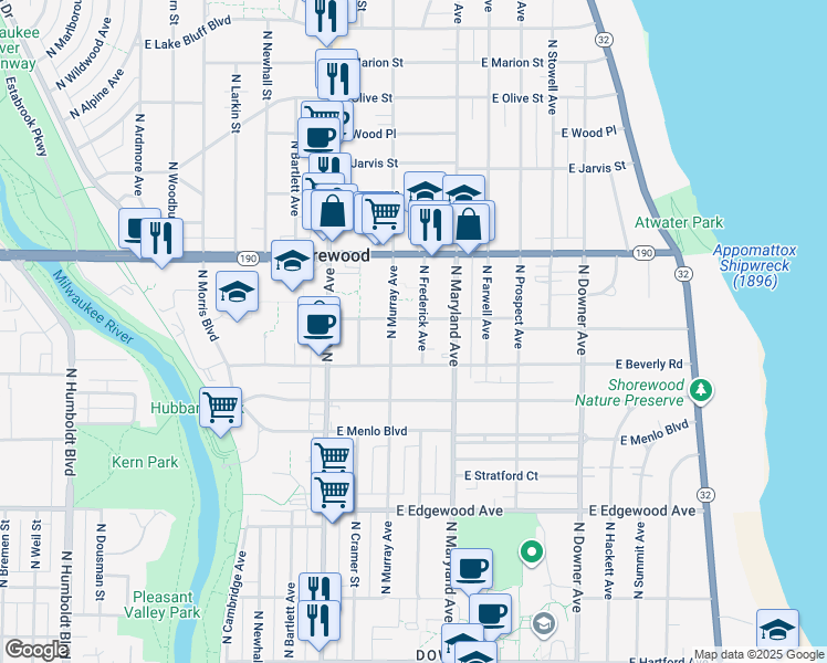 map of restaurants, bars, coffee shops, grocery stores, and more near 3902 North Frederick Avenue in Milwaukee