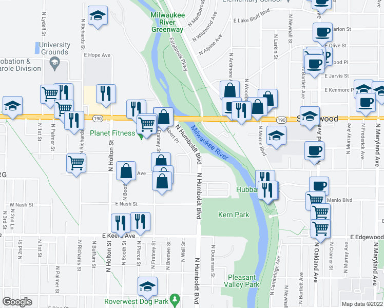 map of restaurants, bars, coffee shops, grocery stores, and more near 3859 North Humboldt Boulevard in Milwaukee