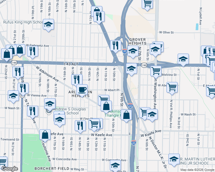 map of restaurants, bars, coffee shops, grocery stores, and more near 3839 North 10th Street in Milwaukee