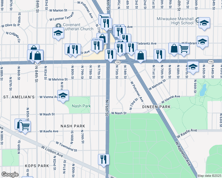 map of restaurants, bars, coffee shops, grocery stores, and more near 3855 North 75th Street in Milwaukee
