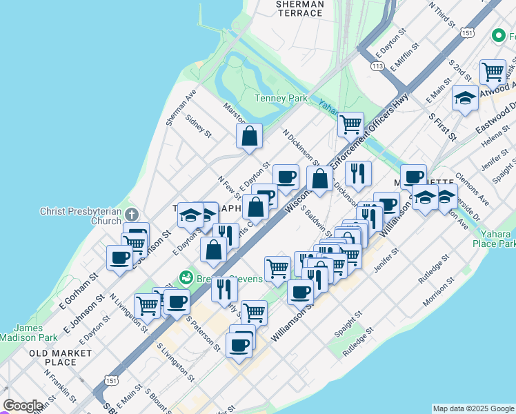 map of restaurants, bars, coffee shops, grocery stores, and more near 1220 East Mifflin Street in Madison