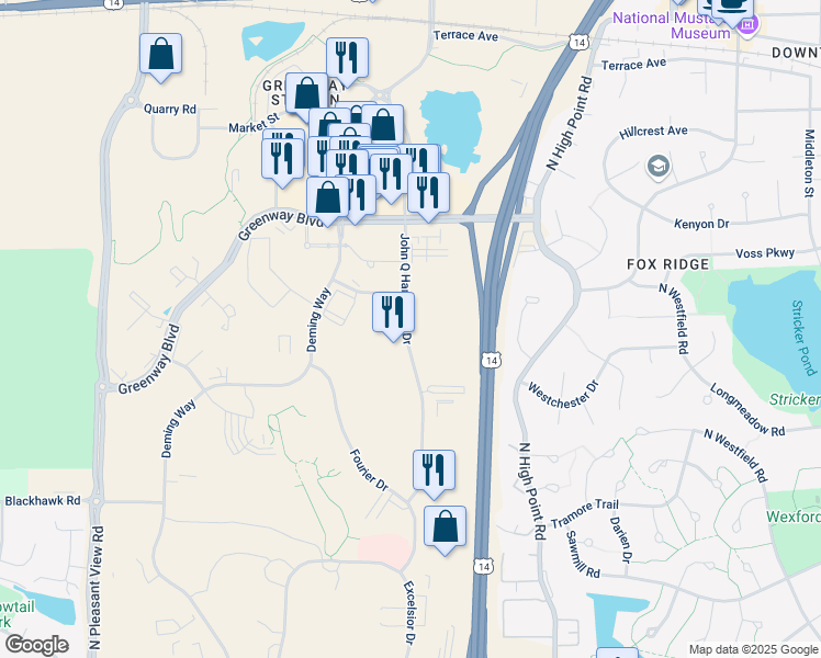map of restaurants, bars, coffee shops, grocery stores, and more near 1300-1368 John Q Hammons Drive in Madison
