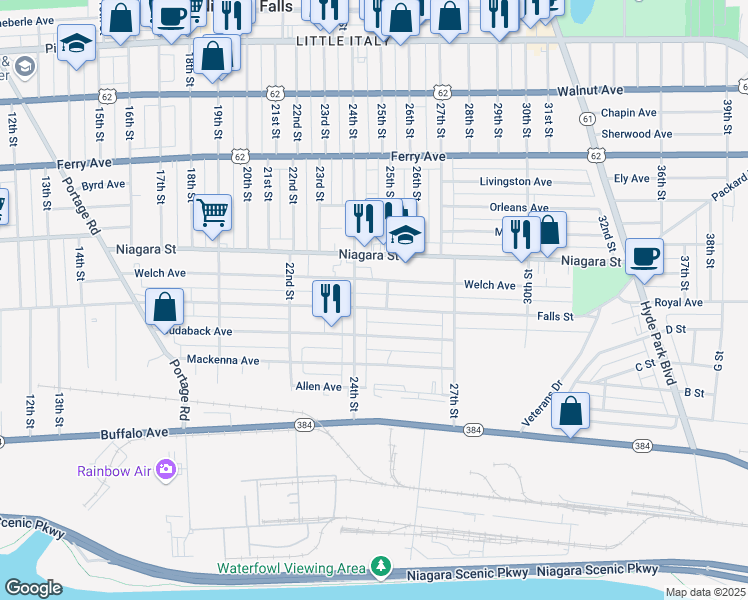 map of restaurants, bars, coffee shops, grocery stores, and more near 2429 Welch Avenue in Niagara Falls