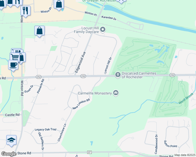 map of restaurants, bars, coffee shops, grocery stores, and more near 4 New Tudor Road in Pittsford