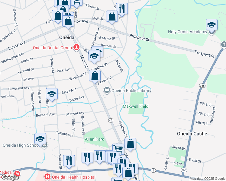 map of restaurants, bars, coffee shops, grocery stores, and more near Elizabeth Street in Oneida