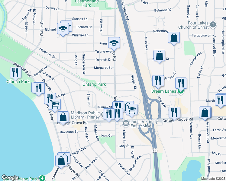 map of restaurants, bars, coffee shops, grocery stores, and more near 722 Dempsey Road in Madison