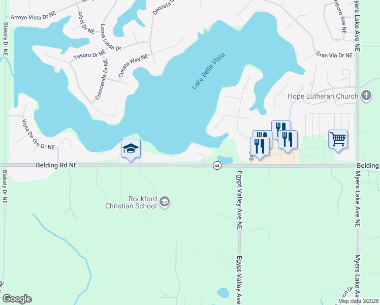 map of restaurants, bars, coffee shops, grocery stores, and more near 6852 Agua Vista Court Northeast in Rockford