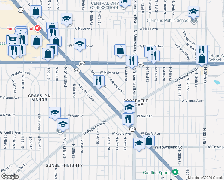 map of restaurants, bars, coffee shops, grocery stores, and more near 4531 West Spencer Place in Milwaukee