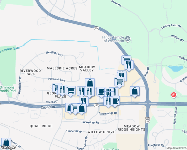 map of restaurants, bars, coffee shops, grocery stores, and more near 599 Westfield Way in Pewaukee