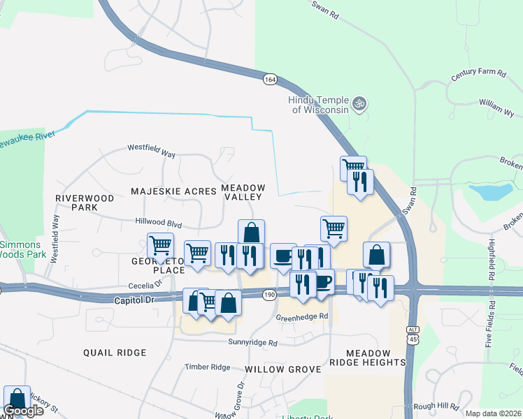 map of restaurants, bars, coffee shops, grocery stores, and more near 599 Westfield Way in Pewaukee