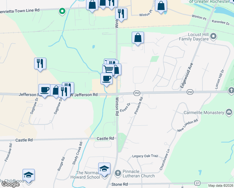 map of restaurants, bars, coffee shops, grocery stores, and more near Jefferson Road & South Winton Road in Rochester
