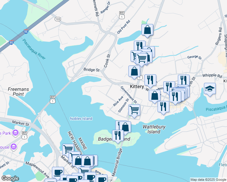 map of restaurants, bars, coffee shops, grocery stores, and more near 4 Prince Avenue in Kittery