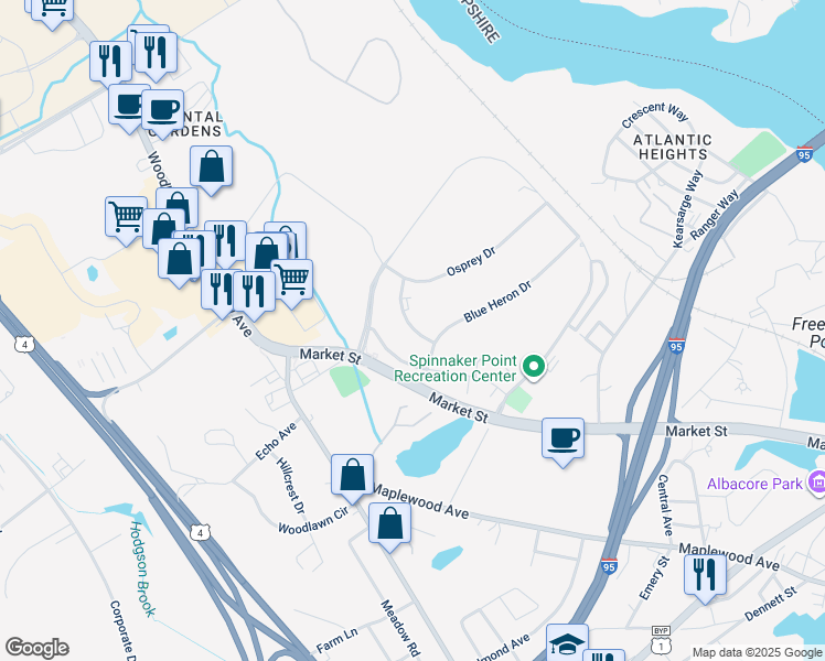 map of restaurants, bars, coffee shops, grocery stores, and more near 10 Sanderling Way in Portsmouth