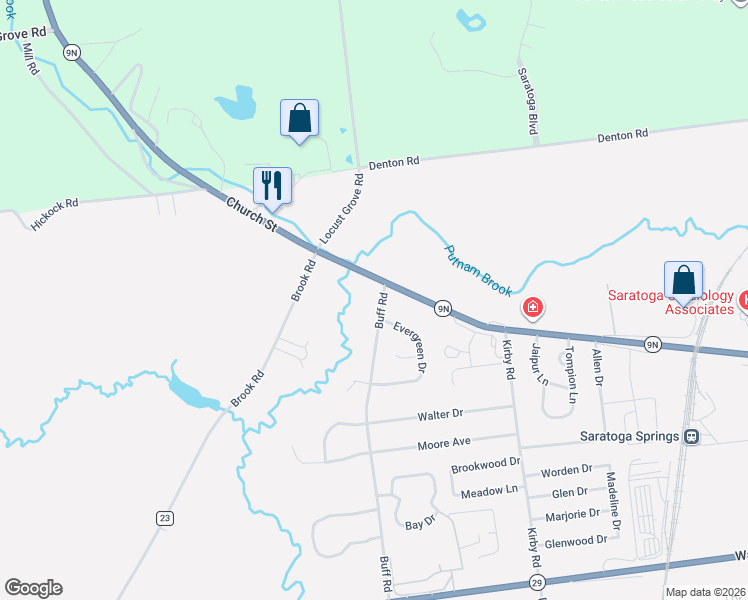 map of restaurants, bars, coffee shops, grocery stores, and more near 458 Church Street in Saratoga Springs