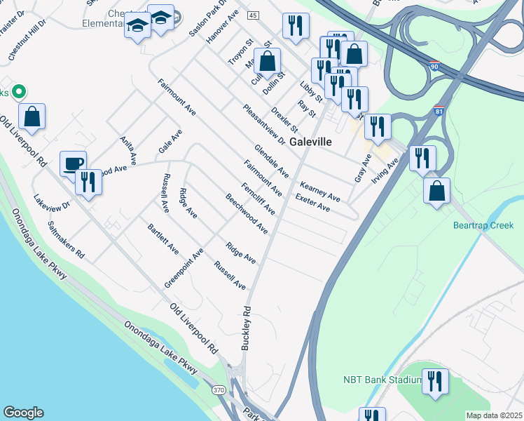 map of restaurants, bars, coffee shops, grocery stores, and more near 118 Ferncliff Avenue in Liverpool