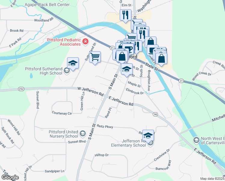 map of restaurants, bars, coffee shops, grocery stores, and more near 66 South Main Street in Pittsford