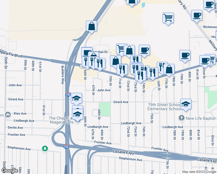 map of restaurants, bars, coffee shops, grocery stores, and more near 669 70th Street in Niagara Falls
