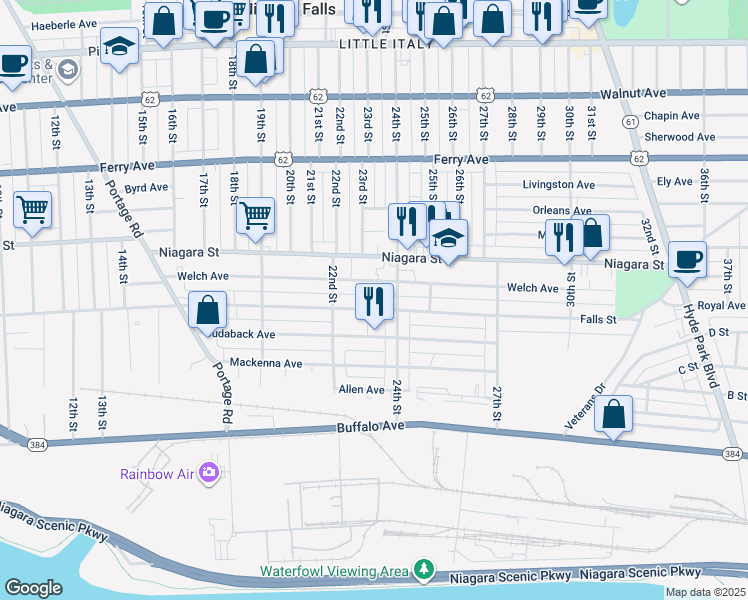 map of restaurants, bars, coffee shops, grocery stores, and more near 324 24th Street in Niagara Falls