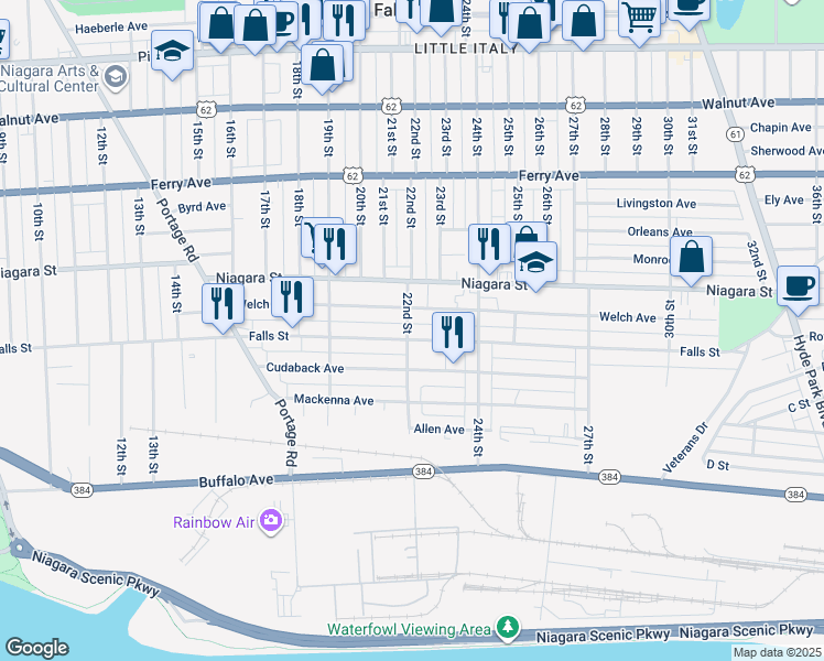 map of restaurants, bars, coffee shops, grocery stores, and more near 2221 Welch Avenue in Niagara Falls