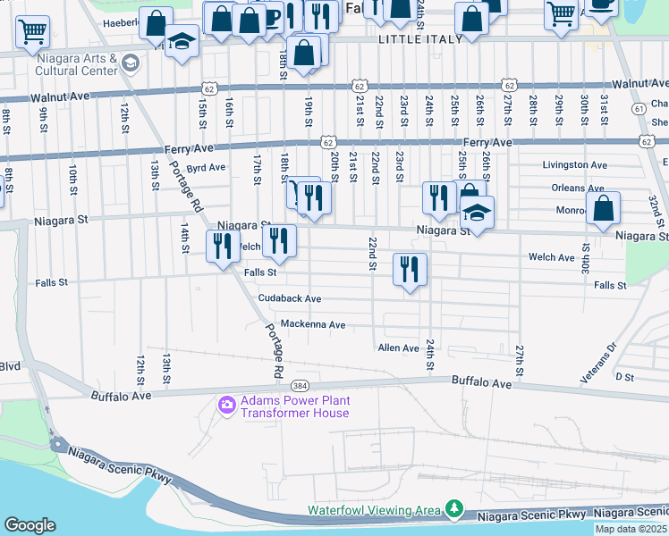 map of restaurants, bars, coffee shops, grocery stores, and more near 1932 Falls Street in Niagara Falls
