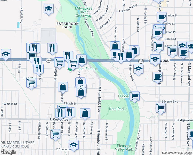 map of restaurants, bars, coffee shops, grocery stores, and more near 3839 North Humboldt Boulevard in Milwaukee