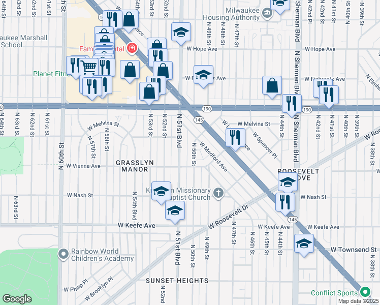 map of restaurants, bars, coffee shops, grocery stores, and more near 3860 North 51st Boulevard in Milwaukee