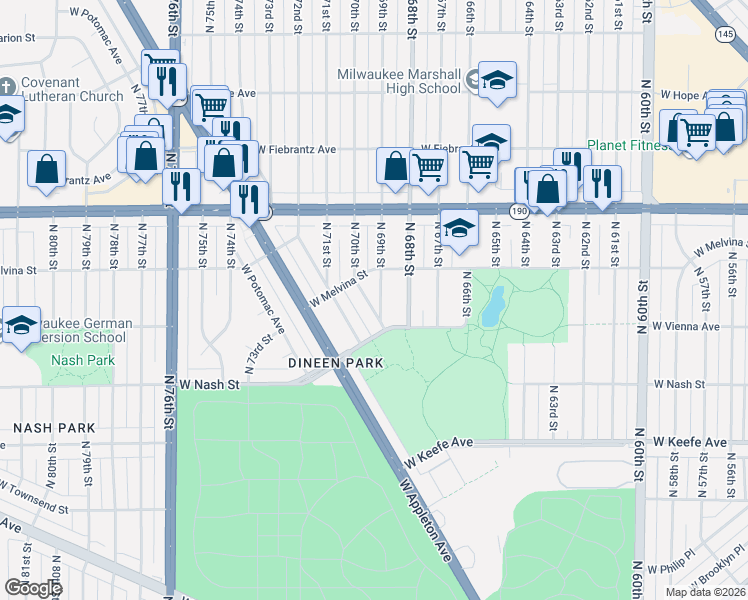 map of restaurants, bars, coffee shops, grocery stores, and more near 3860 North 70th Street in Milwaukee