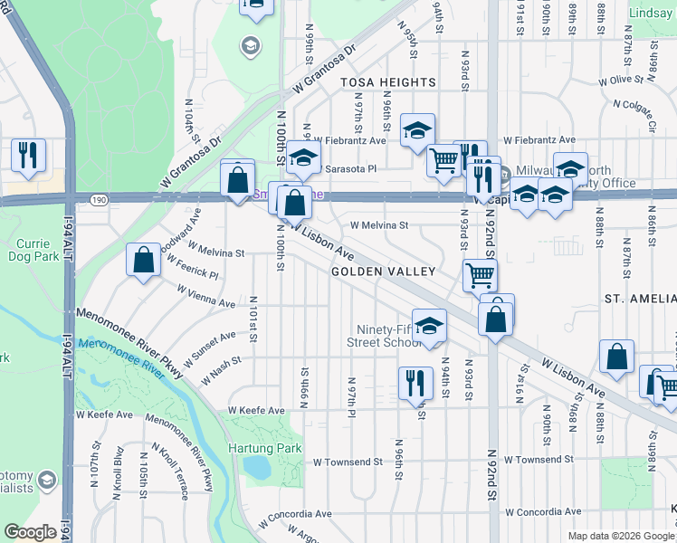 map of restaurants, bars, coffee shops, grocery stores, and more near 3876-3878 North 98th Street in Milwaukee