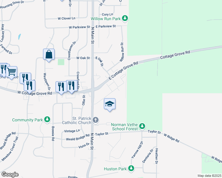 map of restaurants, bars, coffee shops, grocery stores, and more near 123 East Cottage Grove Road in Cottage Grove