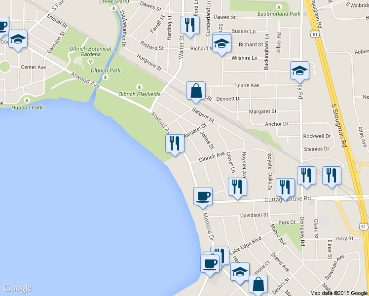 map of restaurants, bars, coffee shops, grocery stores, and more near 3513 Margaret Street in Madison