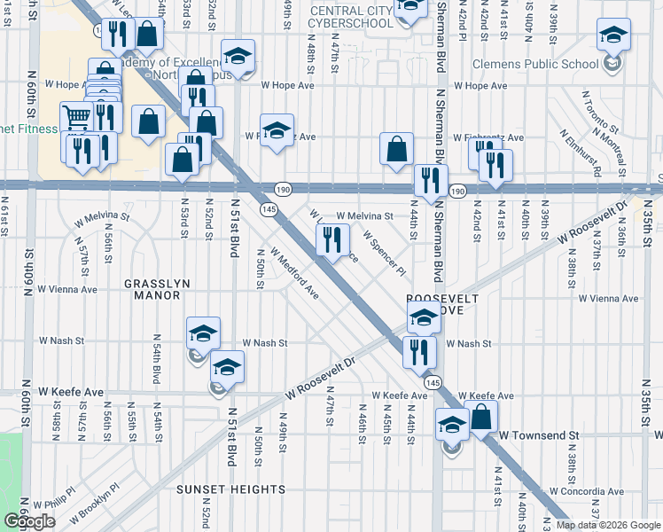 map of restaurants, bars, coffee shops, grocery stores, and more near 4617-4619 West Leon Terrace in Milwaukee