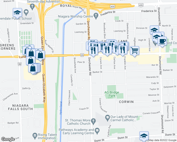 map of restaurants, bars, coffee shops, grocery stores, and more near 6911 Barker Street in Niagara Falls